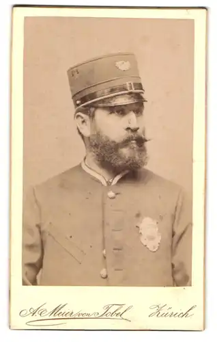 Fotografie A. Meier von Tobel, Zürich, Rennweg 4, Portrait Postillon in Uniform mit Marke und Mütze