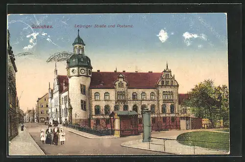 AK Glauchau, Leipziger Strasse und Postamt