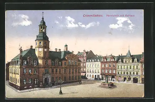 AK Crimmitschau, Marktplatz mit Rathaus