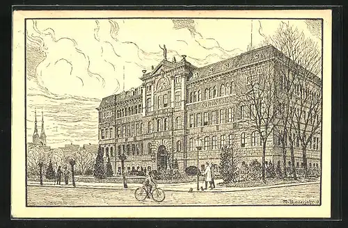 Künstler-AK Cöthen, Fahrradfahrer vor dem Polytechnikum