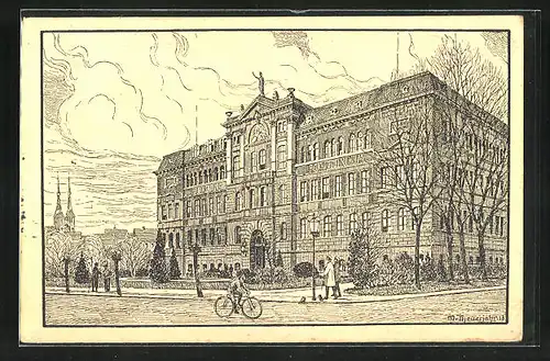 Künstler-AK Cöthen, Fahrradfahrer vor dem Polytechnikum