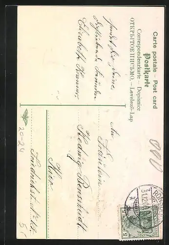 Präge-AK Neujahrsengel mit Fanfare auf einem Hufeisen, Neujahrsgruss