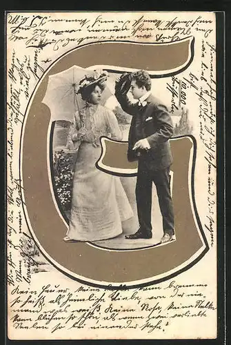 AK Eleganter Herr grüsst Dame am Buchstaben G