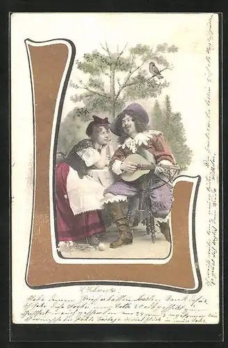 AK Herr mit Gitarre und einer Dame am Buchstaben L