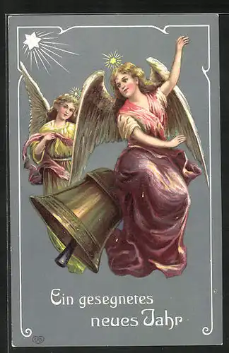 Präge-AK Zwei Neujahrsengel an einer Glocke, Neujahrsgruss