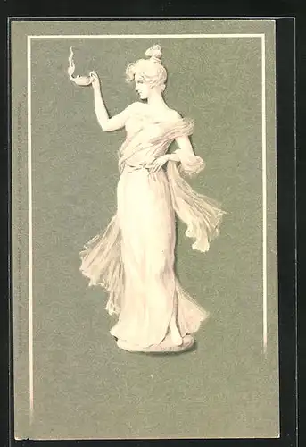 AK Frau mit Gewand und Öllampe, Jugendstil