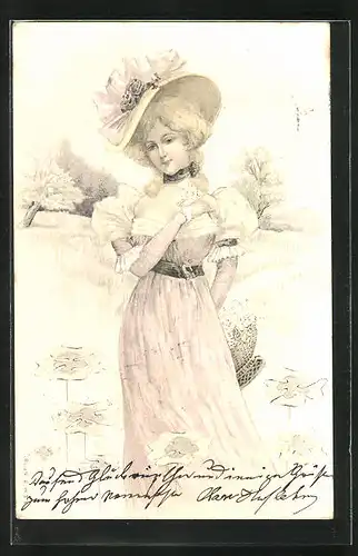 AK Bürgerliche Frau mit extravagantem Hut, Jugendstil