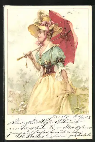 Lithographie Bürgerliche Frau im Kleid mit rotem Schirm, Jugendstil