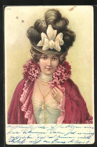 Lithographie Edle Dame mit aufwendigem Hut und rotem Mantel, Jugendstil