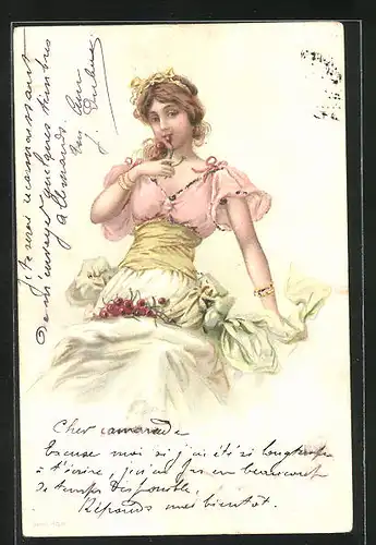 Lithographie Hübsche junge Dame mit Kirschen auf dem Schoss, Jugendstil