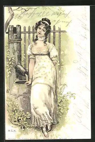 Künstler-AK Junge Frau in schlichtem Kleid beim Wasser Holen, Jugendstil