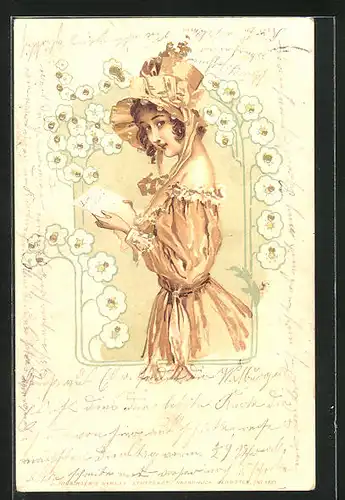 AK Junge Dame mit Brief in der Hand in mit Gold verziertem Kleid und Hut, Jugendstil