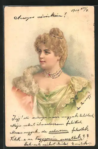 Lithographie Edle Dame mit hochgestecktem Haar und glitzernem Pelz, Jugendstil