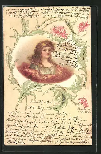 Präge-AK Dame mit offenem Haar, Jugendstil