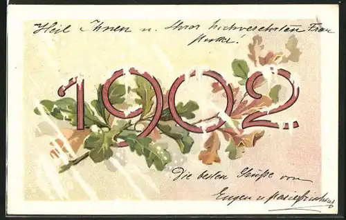 AK Jahreszahl mit Eichenblättern im Schnee, Neujahrsgruss 1902