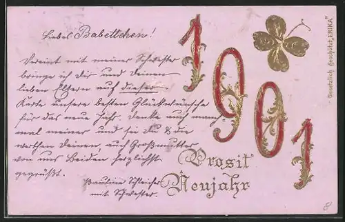 Präge-AK Jahreszahl mit Kleeblatt, Neujahrsgruss 1901