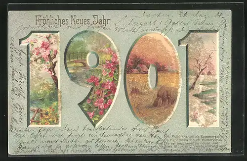 AK Blühender Baum, Brücke, Herbstlandschaft und Uferpartie im Winter in Jahreszahl, Neujahrsgruss 1901