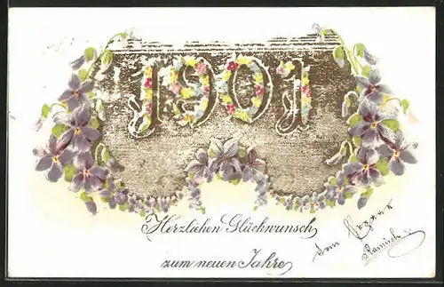 Präge-AK Jahreszahl mit Blumen, Neujahrsgruss 1901