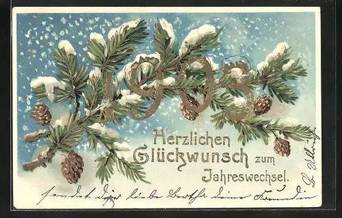 Präge-AK Jahreszahl mit Tannenzweig im Schnee, Neujahrsgruss 1903