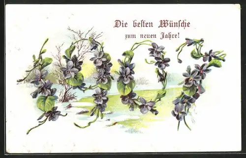 Präge-AK Jahreszahl aus Blumen und winterliche Landschaft, Neujahrsgruss 1907