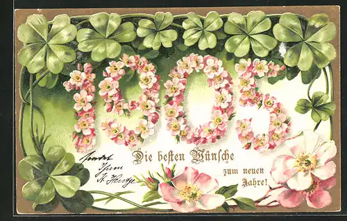 Präge-AK Jahreszahl aus Blumen mit Kleeblättern, Neujahrsgruss 1905