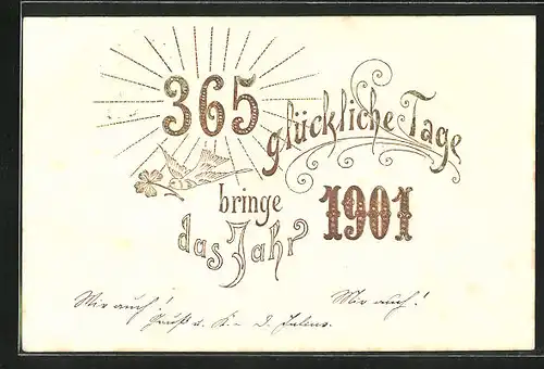 Präge-AK Jahreszahl und Vogel mit Kleeblatt, Neujahrsgruss 1901