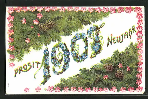 Präge-AK Jahreszahl aus Blumen mit Tannenzweigen, Neujahrsgruss 1907