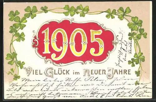 Präge-AK Jahreszahl mit Kleeblättern, Neujahrsgruss 1905
