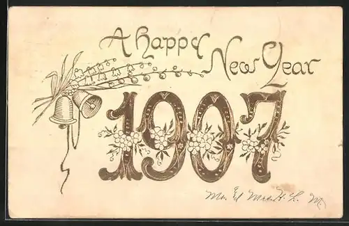 Präge-AK Jahreszahl mit Blumen und Glocken, Neujahrsgruss 1907