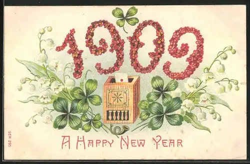 Präge-AK Jahreszahl aus Blumen mit Kleeblättern, Postkasten, Neujahrsgruss 1909