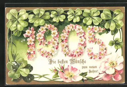 Präge-AK Jahreszahl aus Blumen mit Kleeblätern, Neujahrsgruss 1905