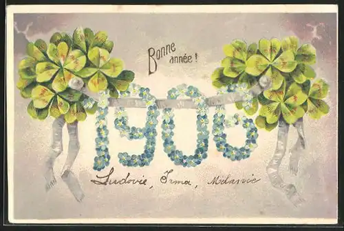 Präge-AK Jahreszahl aus Blumen mit Kleeblättern, Neujahrsgruss 1906