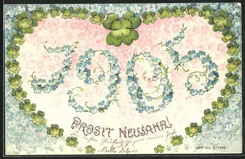 Präge-AK Jahreszahl aus Blumen im Herz aus Kleeblättern, Neujahrsgruss 1905