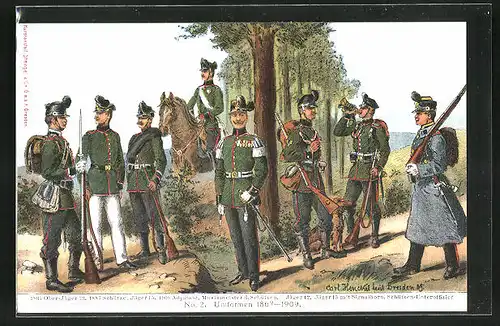 Künstler-AK sign. Carl Henchel: Soldaten verschiedener Ränge in Uniform 1867-1909