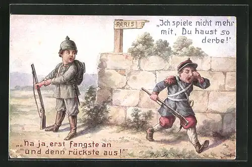 Künstler-AK sign. Hugo Spinaler: Kleine Knaben in Weltkriegsuniformen, Kinder Kriegspropaganda