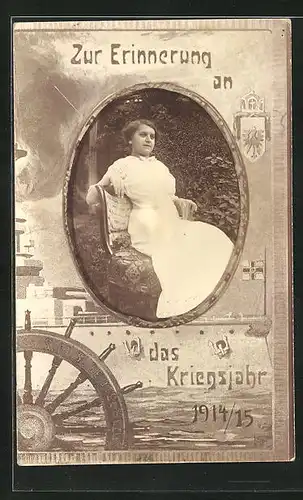 Foto-AK Portrait einer jungen Frau auf Sessel, Passepartout mit Kriegsschiff 1914 /15
