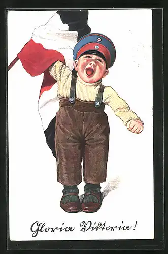 Künstler-AK P. O. Engelhard (P.O.E.) unsign.: Gloria Viktoria, Junge mit Kaiserreichsflagge
