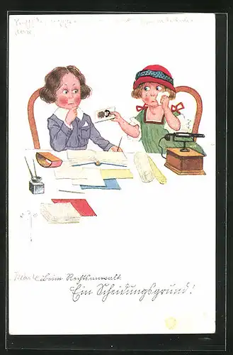 Künstler-AK H.S.B.: Weinendes Mädchen zeigt Rechtsanwalt ein Bild, Telefon