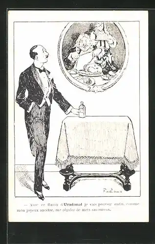 Künstler-AK Fabien Fabiano: Eleganter Mann steht an einem kleinen Tisch, Reklame für Urodonal