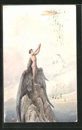 Künstler-AK S. Solomko: Traum des Ikarus, Mann mit Flügeln steht auf einem Felsen