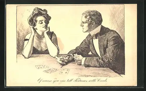 Künstler-AK ..you can tell Fortunes with Cards, Mann und Frau beim Kartenspiel