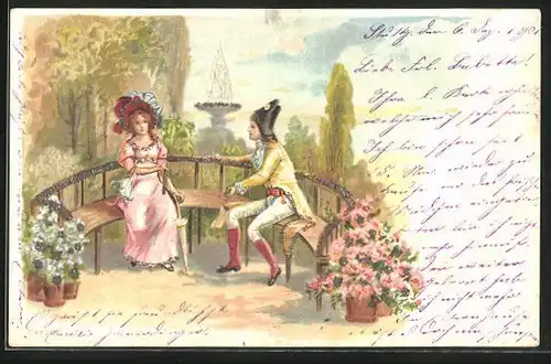 Künstler-AK Junges Liebespaar auf Bank mit Blumen