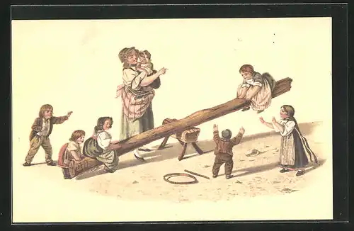 Künstler-AK Kinder beim Wippen auf einem Holzstamm, Pro Juventute
