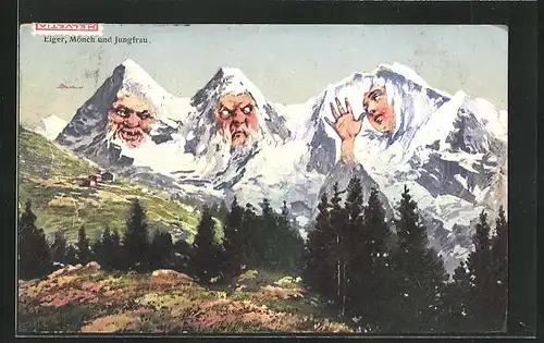 Künstler-AK Eiger, Waldlanschaft mit Berg mit Gesicht / Berggesichter, Mönch und Jungfrau