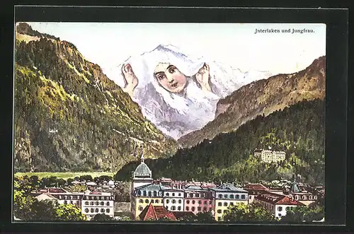 Künstler-AK Interlaken, Panorama mit Berg als Jungfrau, Berg mit Gesicht / Berggesichter