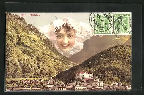 Künstler-AK Interlaken, Panorama mit Berg mit Gesicht / Berggesichter