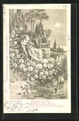 Künstler-AK Liebespaar bei nächtlichem Besuch im Rosen-Garten