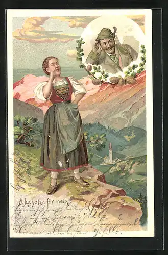 Lithographie Frau in Tracht ruft in die Berge hinein, Geliebter weit entfernt vernimmt es