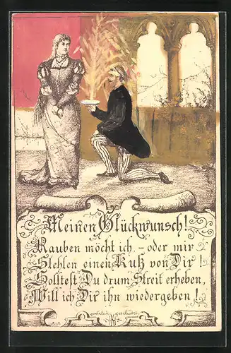 Künstler-AK Mann kniet vor seiner Geliebten