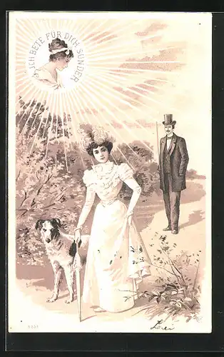 Präge-AK Frau schaut wütend aus dem Himmel auf Liebespaar herab, Hund